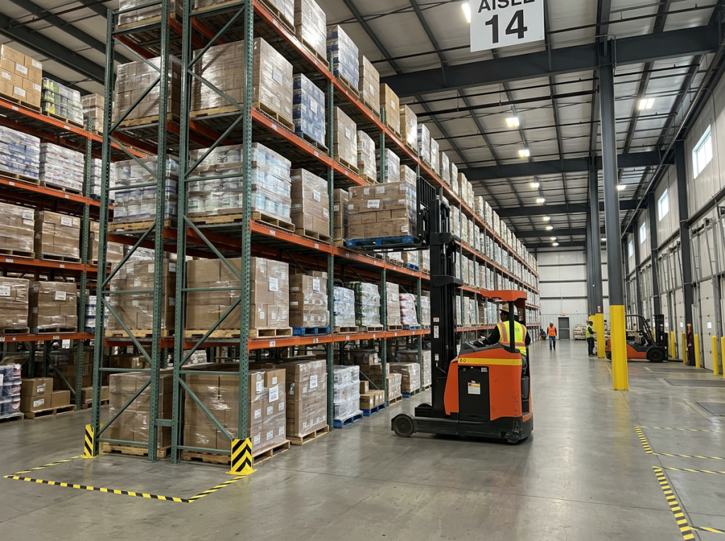 Forklift placing pallets on warehouse shelves in aisle 14