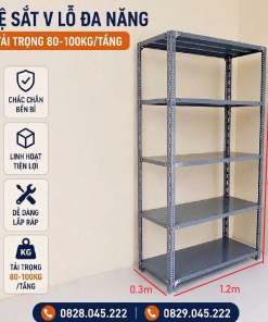 Kệ sắt v lỗ kích thước Cao 1.5m x Rộng 0.3m x Dài 1.2m ( 5 mâm)